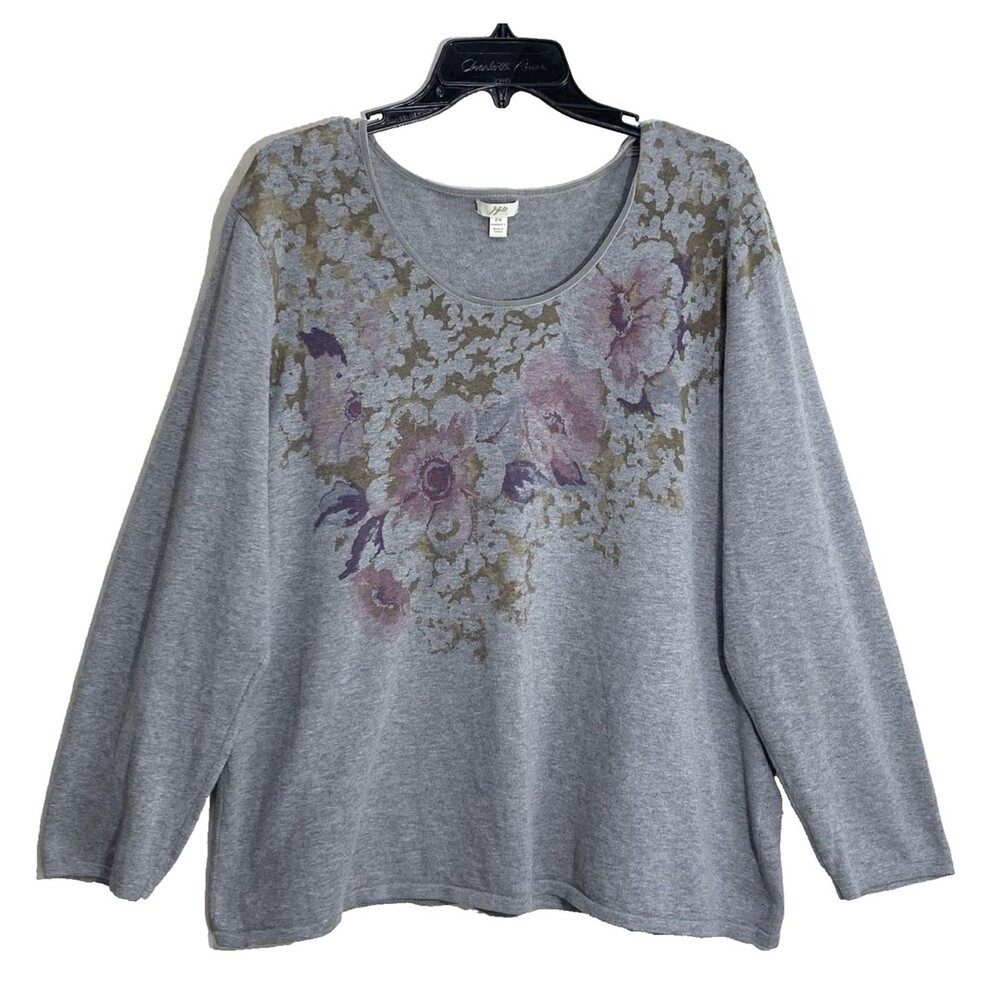 Loft Knit Sweater Top Womens Size 2X Gray Floral Scoop Neck Long Sleeve Knit